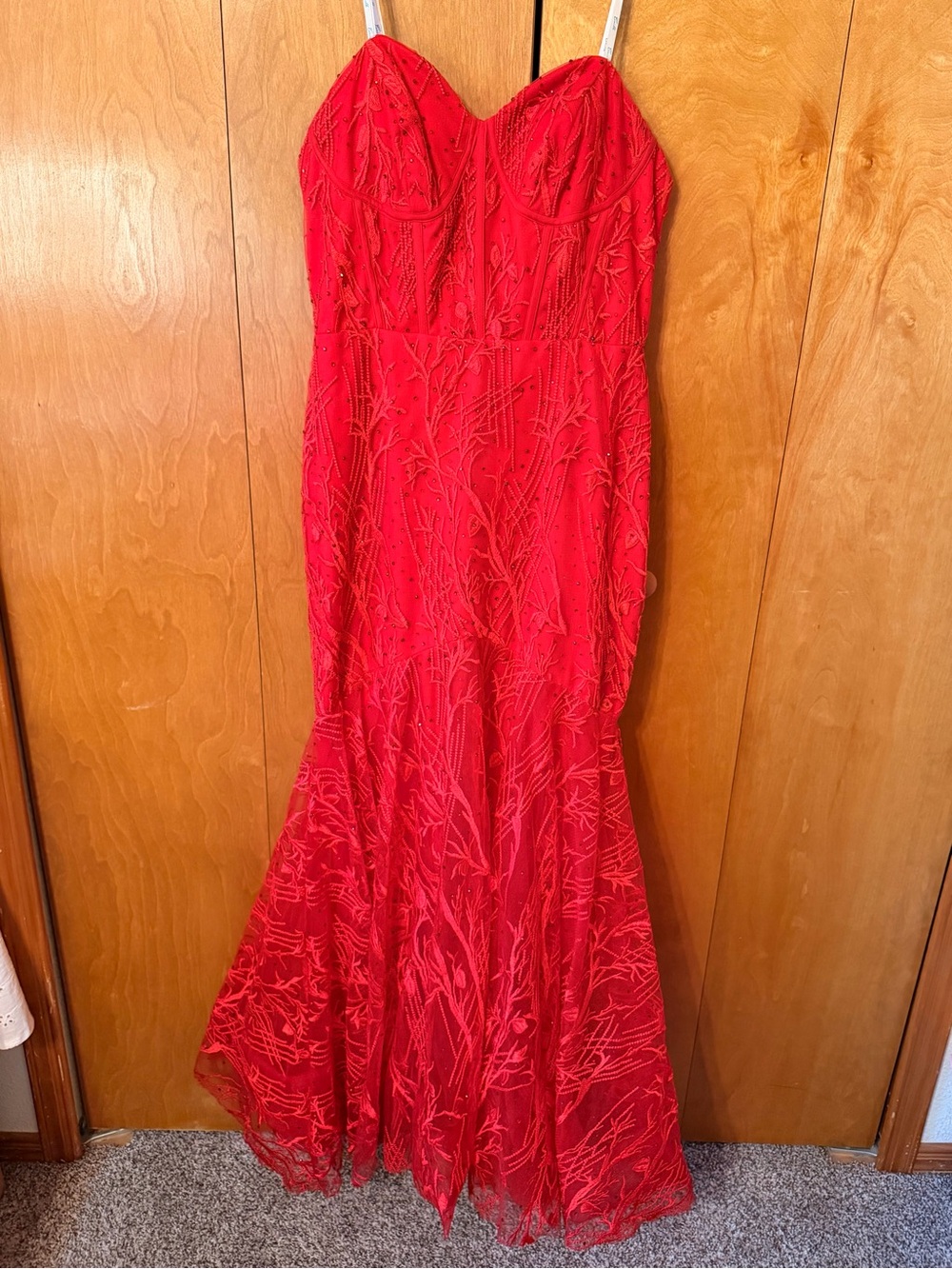 Camille La Vie Strapless Red Lace Mermaid Gown